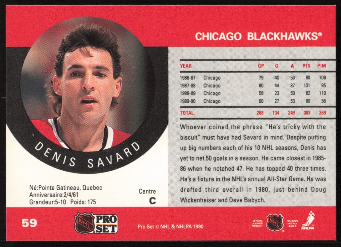 Denis Savard 1990-91 Pro Set Hockey Card Back #59 - Stats and Bio Details.
