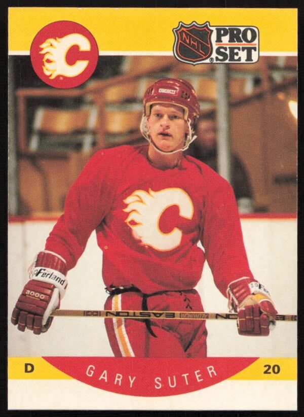 1990-91 Pro Set Hockey Card: Gary Suter #46, Calgary Flames Defenseman in Action.