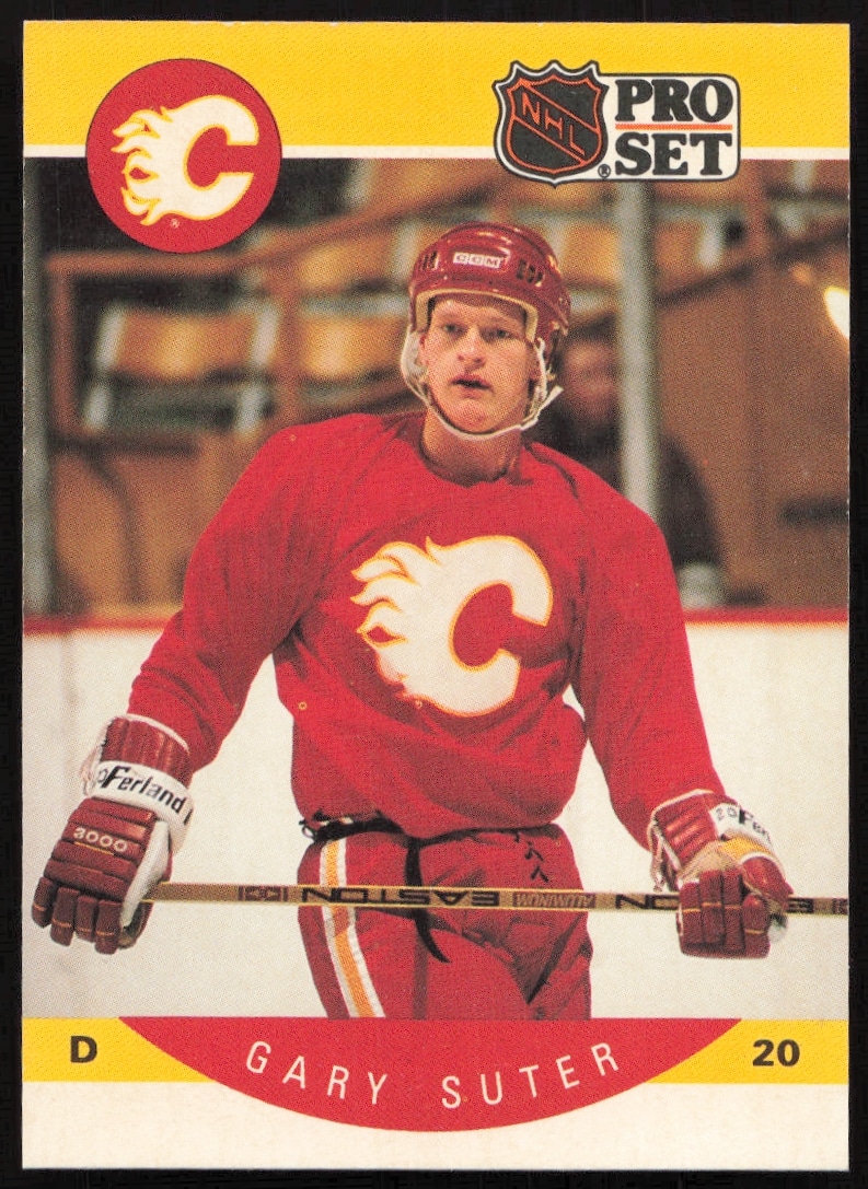1990-91 Pro Set Hockey Card: Gary Suter #46, Calgary Flames Defenseman in Action.