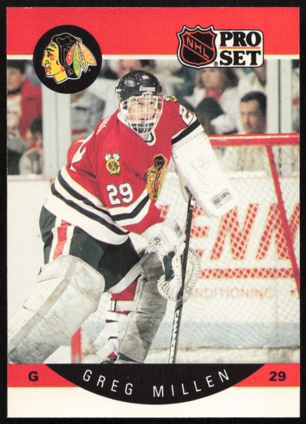 Greg Millen 1990-91 Pro Set Hockey Card #56, featuring an action shot mid-game.