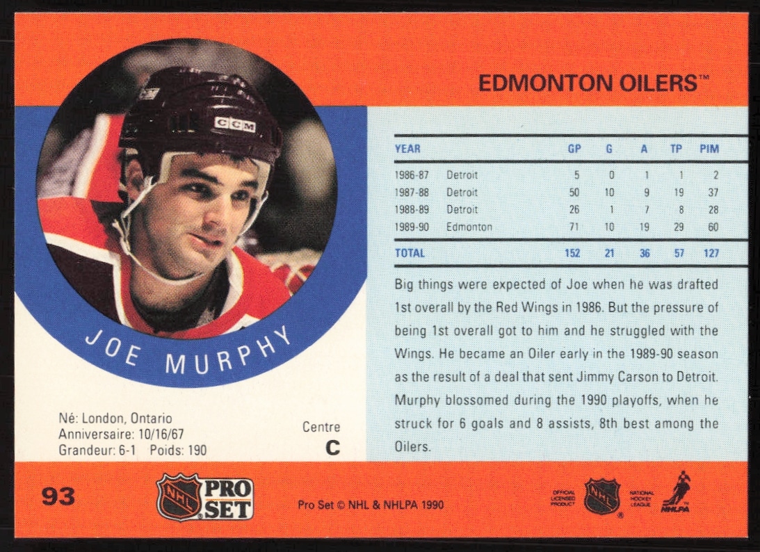 Back of 1990-91 Pro Set hockey card featuring Joe Murphy, stats, biography, and team info.