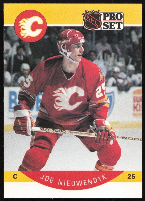 Rare 1990-91 Joe Nieuwendyk Pro Set hockey card with last name misspelled.