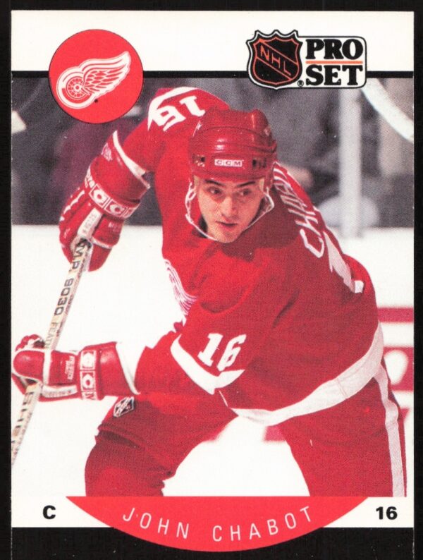 Front view of 1990-91 Pro Set hockey card, featuring John Chabot in action.