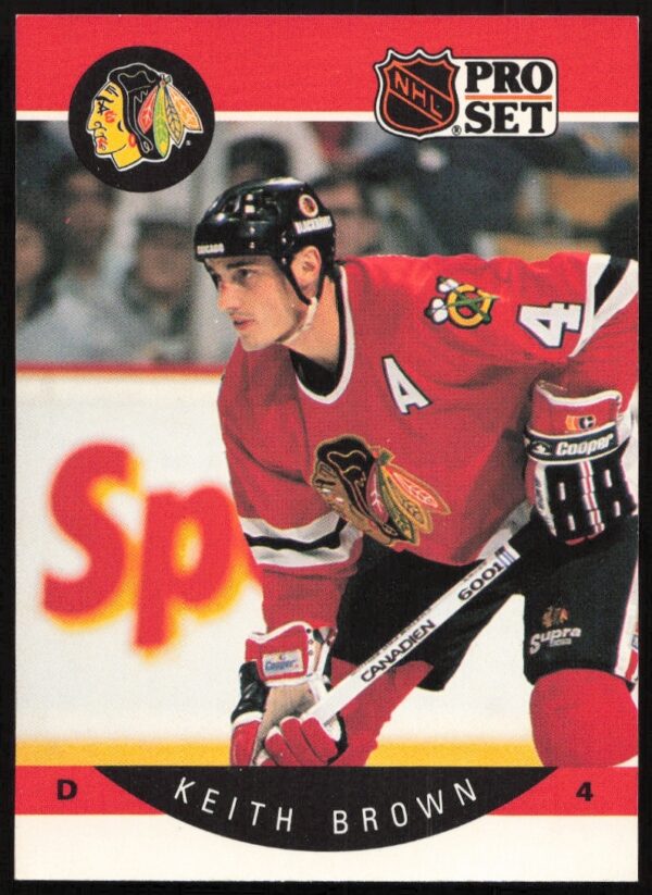 Keith Brown 1990-91 Pro Set Chicago Blackhawks hockey card showcasing defensive action.