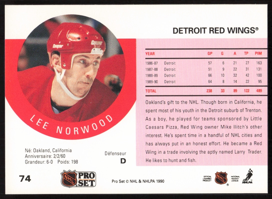 1990-91 Pro Set Lee Norwood hockey card back showcasing stats and career highlights.