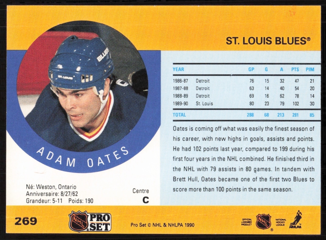 Adam Oates 1990-91 NHL Pro Set Card Back, #269, Stats and Highlights.