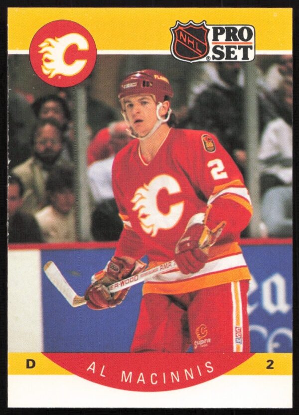 Al MacInnis 1990-91 Pro Set NHL hockey card #35, Calgary Flames defenseman.