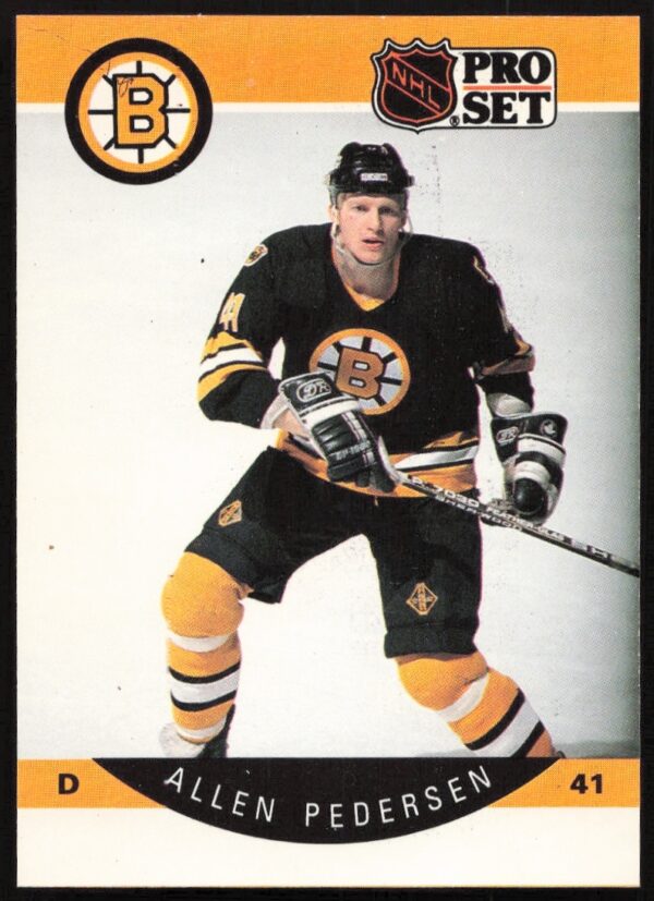 Allen Pedersen 1990-91 Pro Set NHL card showcasing his role as a Boston Bruins defenseman.