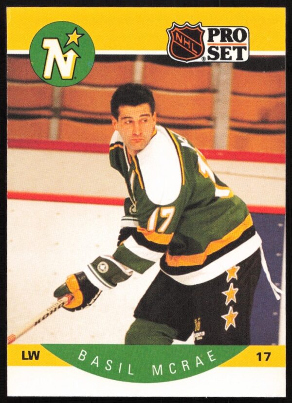 Basil McRae 1990-91 NHL Pro Set card, Minnesota North Stars, gameplay action.