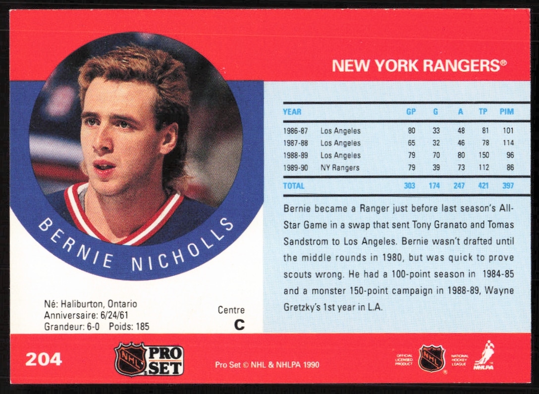 1990-91 Pro Set Bernie Nicholls card, stats and career highlights on back.