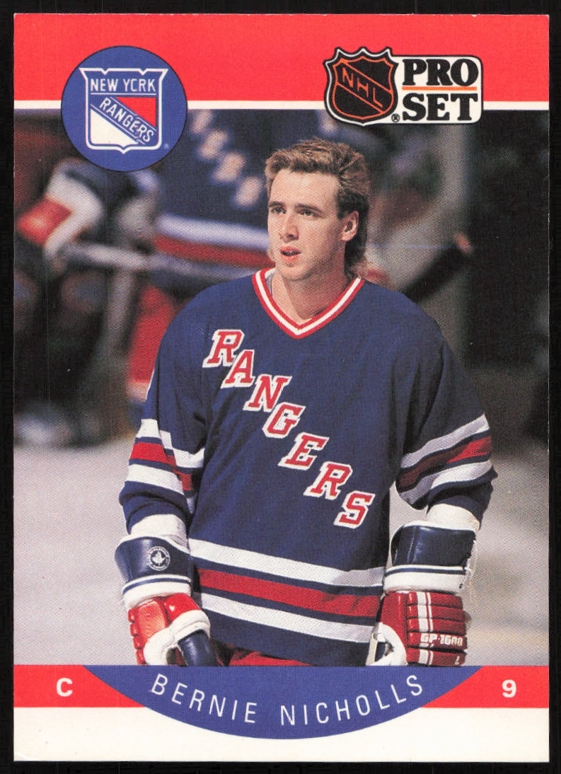 Front of 1990-91 Pro Set NHL card #204 featuring Bernie Nicholls in Kings attire.