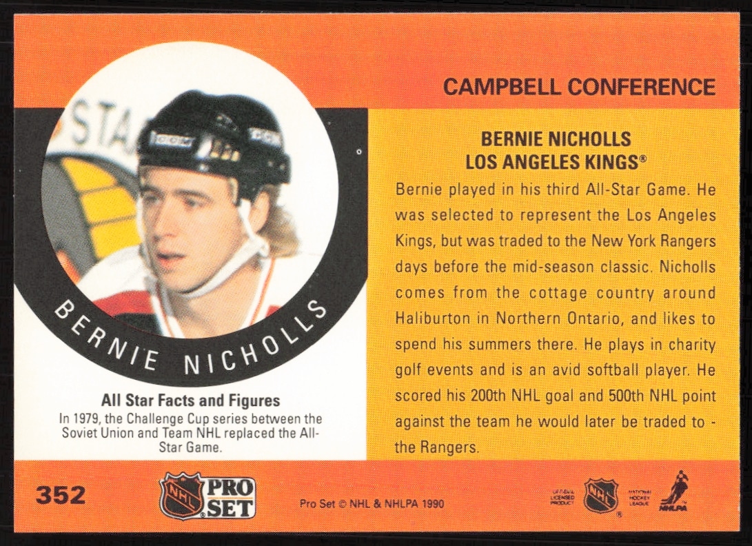Back of Bernie Nicholls 1990-91 Pro Set NHL card highlighting Los Angeles Kings stats.
