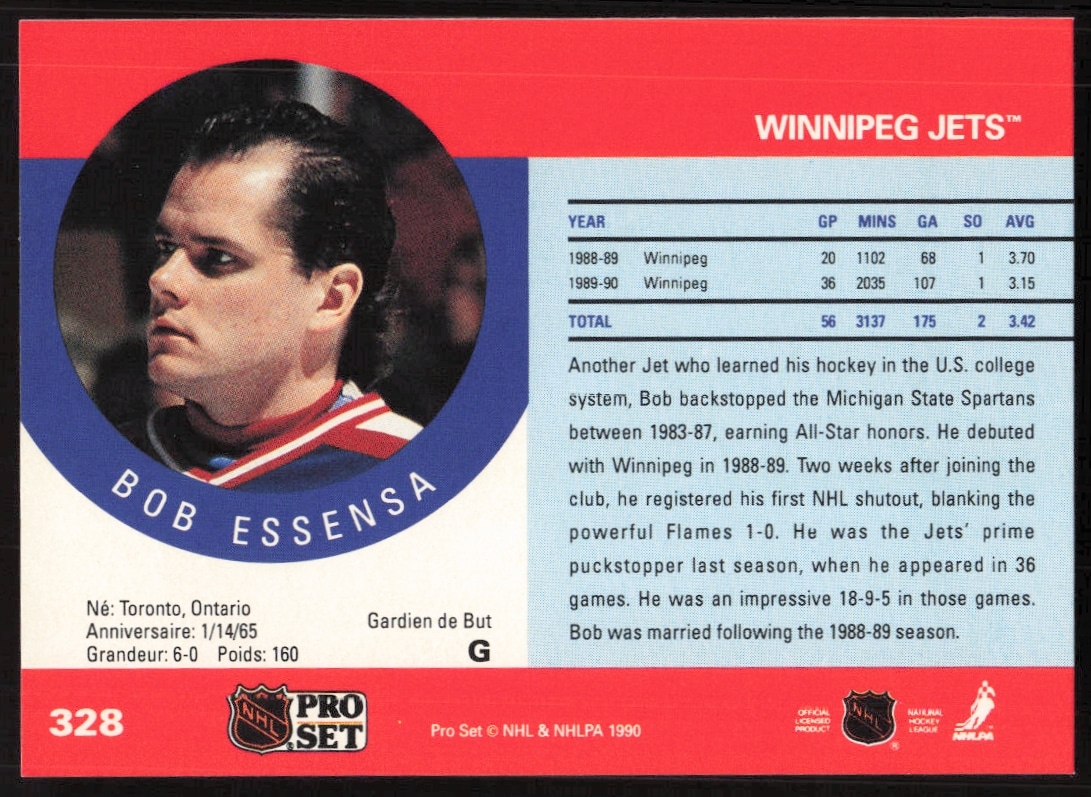 Back of 1990-91 Pro Set NHL card, Bob Essensa, Winnipeg Jets goalie, stats, and highlights.