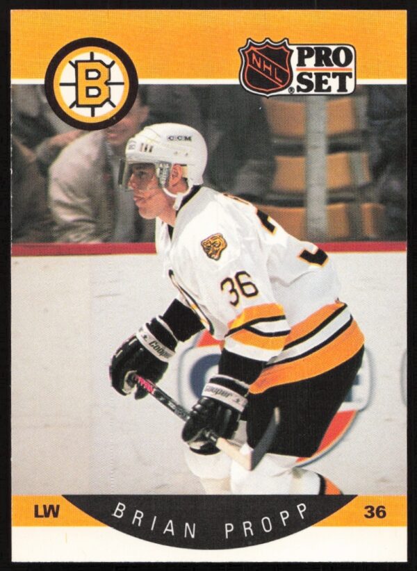 Brian Propp 1990-91 NHL hockey card showing him in action with the Boston Bruins.