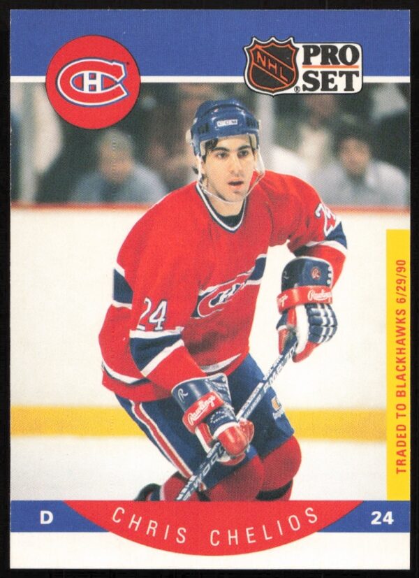 Chris Chelios 1990-91 Pro Set NHL trading card #147, Montreal Canadiens uniform.