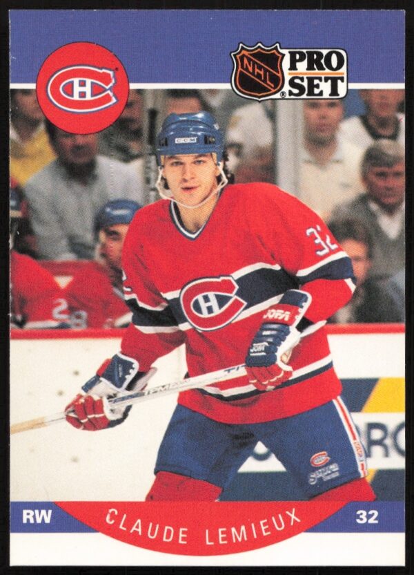 1990-91 Pro Set NHL Claude Lemieux card in New Jersey Devils uniform, action mid-game.