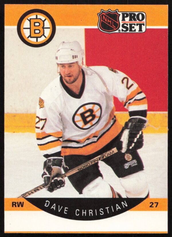 Front of 1990-91 Pro Set NHL card featuring Dave Christian in action, card #6.