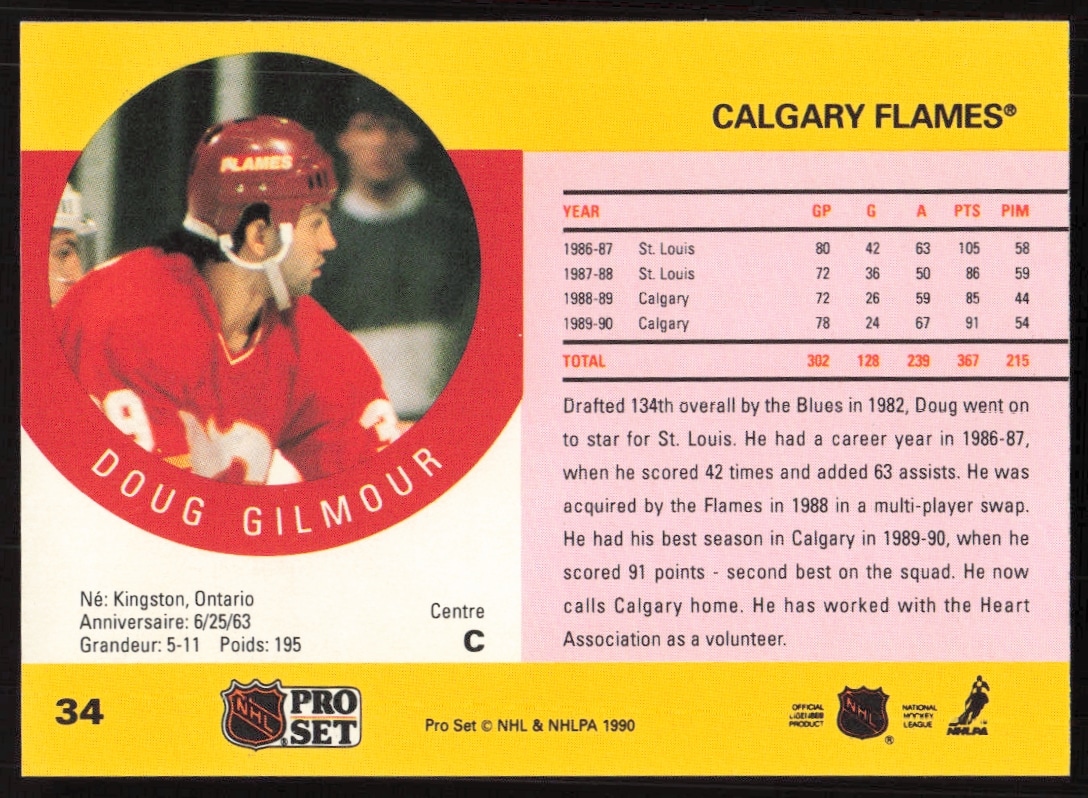 Doug Gilmour 1990-91 NHL Pro Set Card Back: Player Stats, Bio, Team Info.