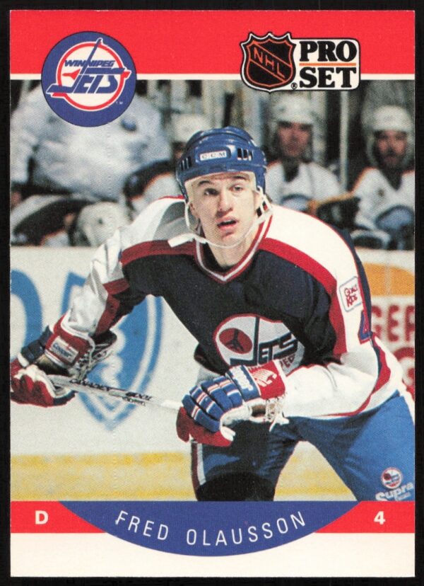 Fredrik Olausson 1990-91 Pro Set NHL trading card, Winnipeg Jets jersey, defenseman.