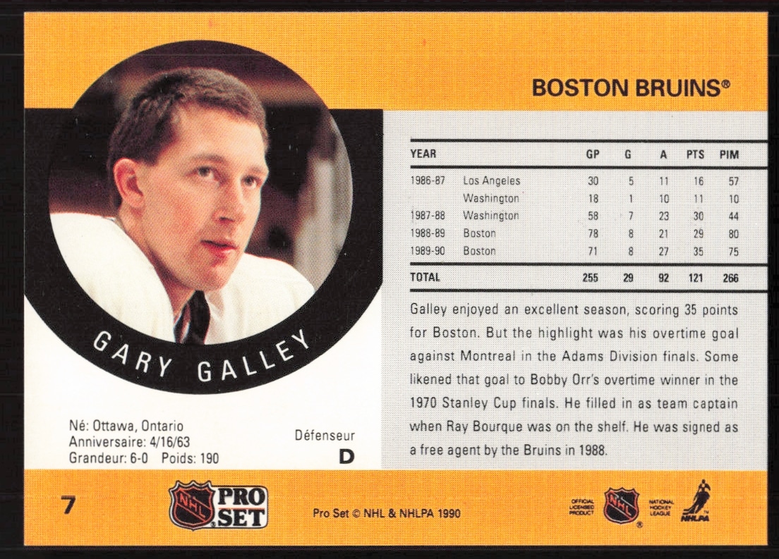 Back of Garry Galleys 1990-91 Pro Set NHL card, Boston Bruins, stats and highlights.