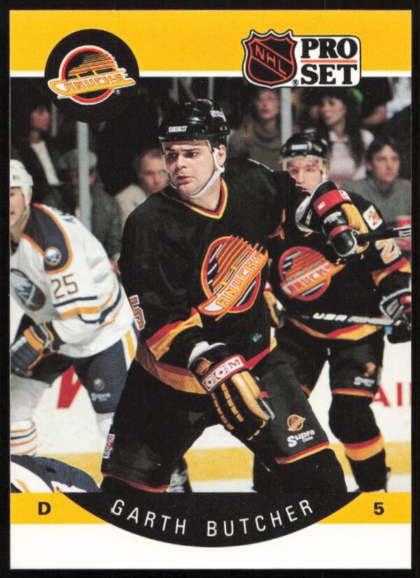 Front of 1990-91 NHL Pro Set Card #295 featuring Garth Butcher in Canucks uniform.