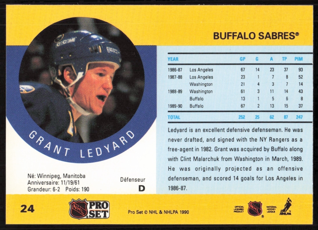 Grant Ledyard 1990-91 NHL Pro Set card back with stats and career info.