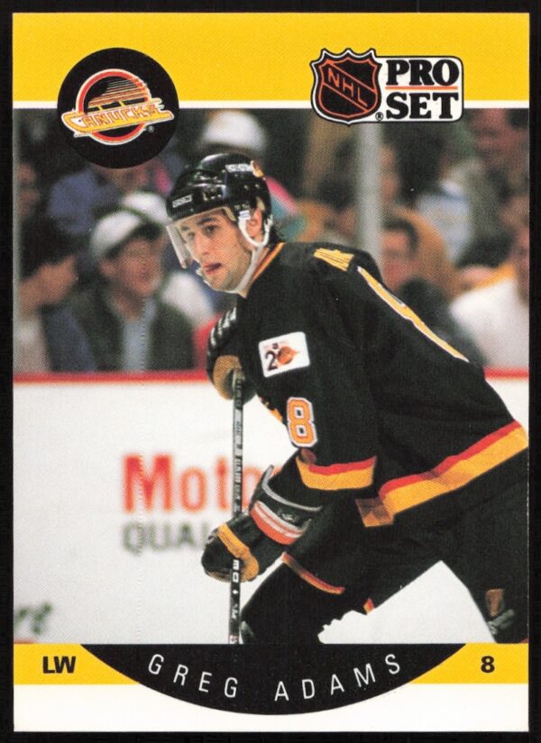 NHL hockey card of Greg Adams, Vancouver Canucks, 1990-91 Pro Set, card #291.