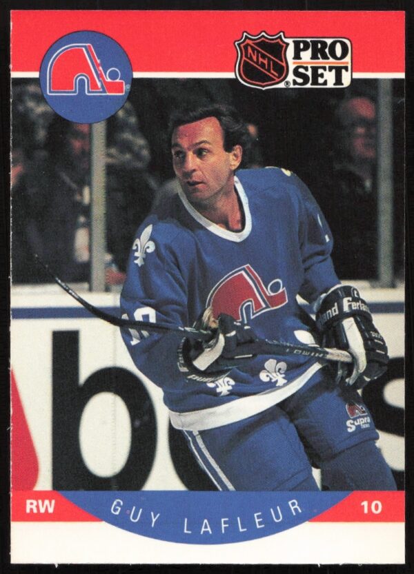 Front of 1990-91 NHL Pro Set Card #250 featuring Guy Lafleur in action.