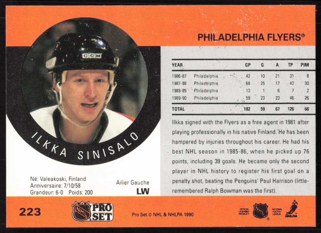 Back of 1990-91 Pro Set NHL card featuring Ilkka Sinisalos stats and career details.