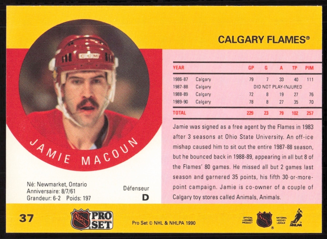 Back of 1990-91 Pro Set NHL trading card featuring Jamie Macoun, #37, with career stats.