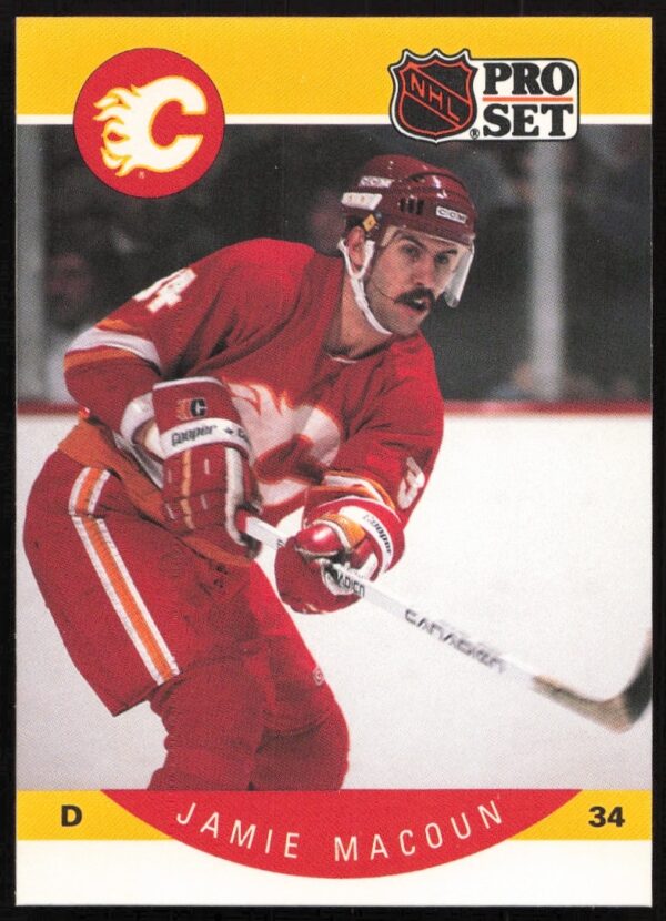 Front of 1990-91 NHL Pro Set Jamie Macoun Card #37, featuring him in-game as a defenseman.