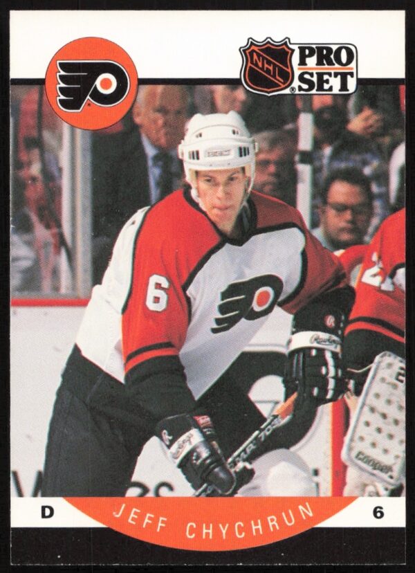Front of 1990-91 NHL Pro Set card featuring Jeff Chychrun in Flyers uniform.
