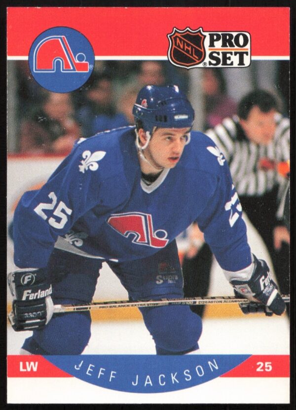 1990-91 NHL Pro Set Jeff Jackson trading card #249 featuring a dynamic hockey pose.