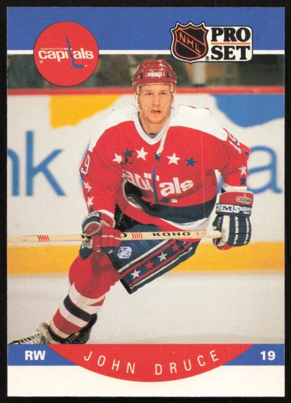 John Druce NHL trading card, 1990-91 Pro Set, Washington Capitals, action shot.