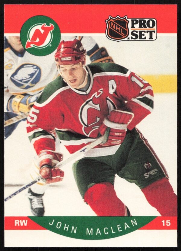 Front of 1990-91 NHL Pro Set card featuring John MacLean, New Jersey Devils player.