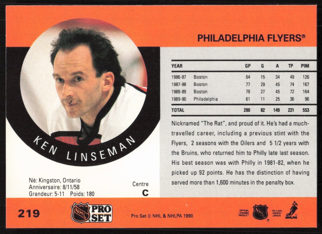 Back of 1990-91 NHL Pro Set Ken Linseman card featuring stats and biography.