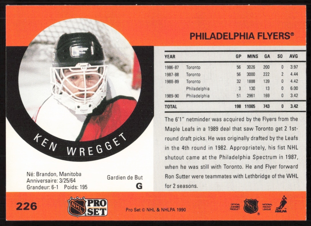Ken Wregget 1990-91 NHL Hockey Card Back: Stats, Highlights, Biography.