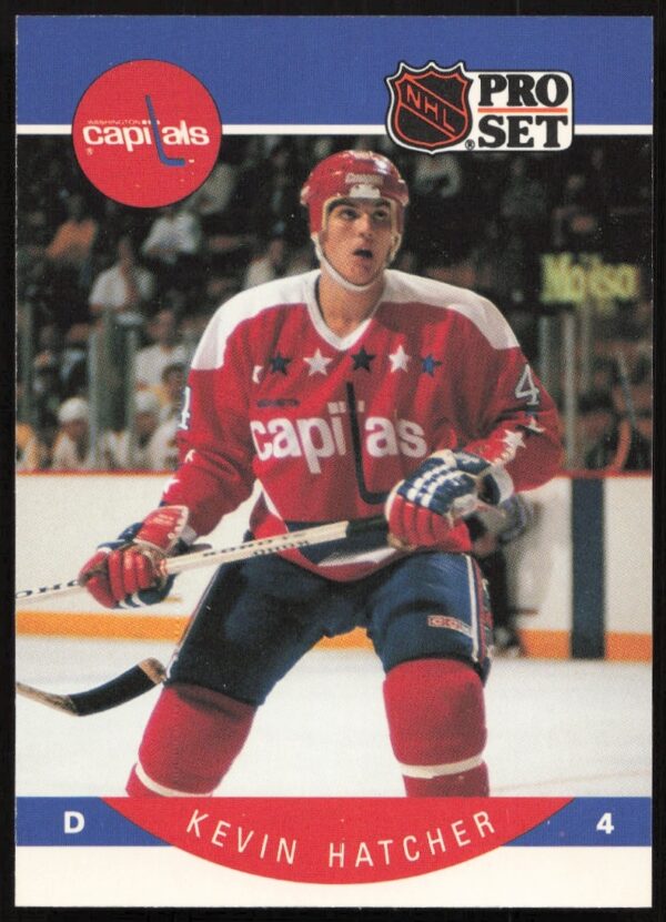 Front view of 1990-91 Pro Set NHL card #311 featuring Kevin Hatcher in Capitals uniform.