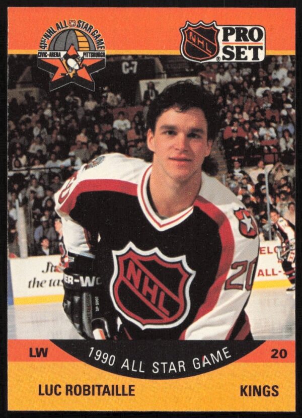 Front of 1990-91 NHL Pro Set Luc Robitaille card, displaying him in Kings uniform.