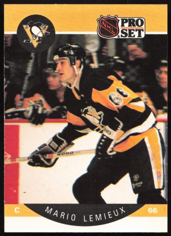 Front view of 1990-91 Mario Lemieux Pro Set NHL card #236, Penguins uniform.
