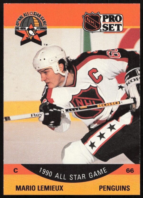 1990-91 Pro Set NHL card featuring Mario Lemieux in action, Pittsburgh Penguins uniform, #362.