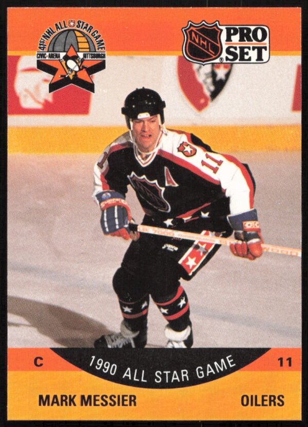 Front view of 1990-91 Pro Set NHL card featuring Mark Messier in Edmonton Oilers uniform.