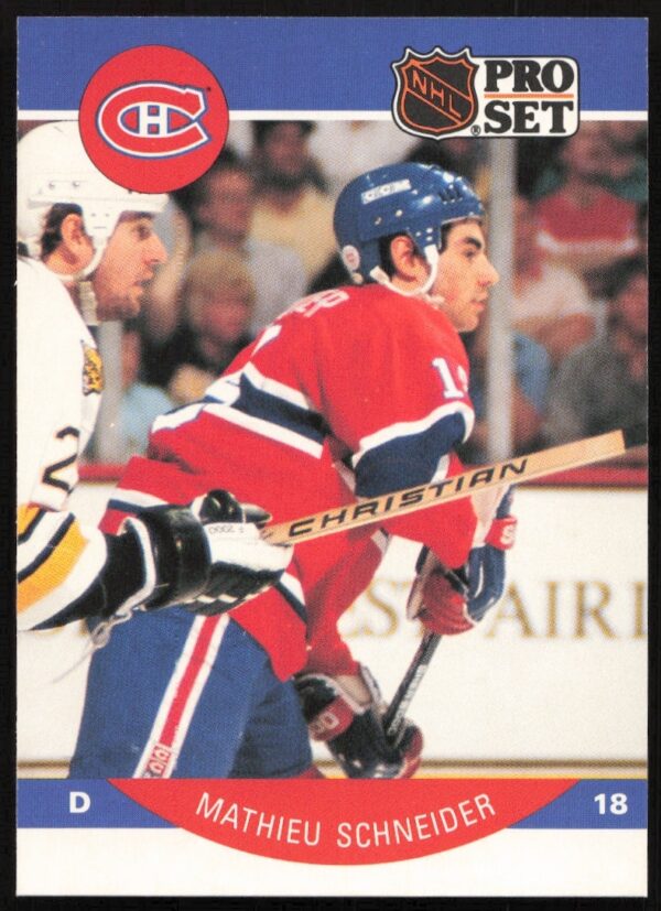 Mathieu Schneider 1990-91 NHL Pro Set trading card #158, Montreal Canadiens jersey.