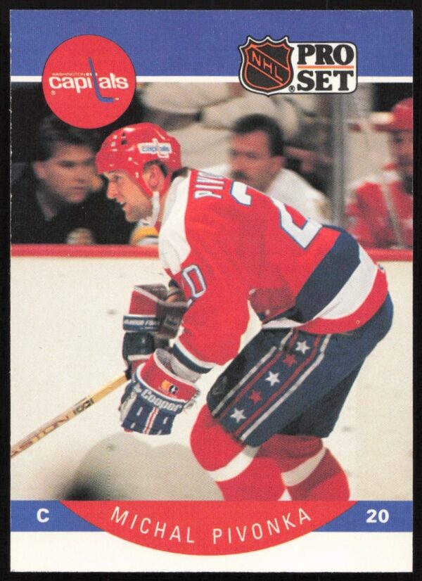 Front of 1990-91 NHL Pro Set Card #319 featuring Michal Pivonka in Capitals uniform.