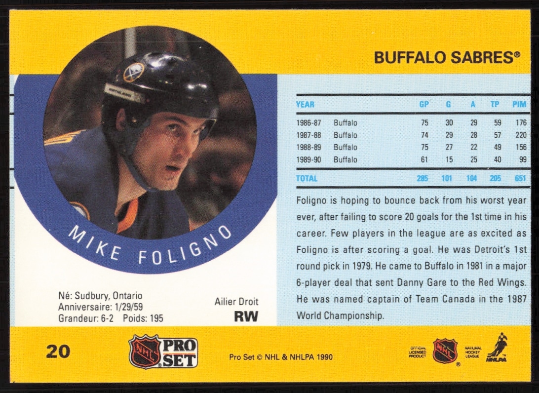 Back of 1990-91 Pro Set NHL card for Mike Foligno, showcasing stats and bio.
