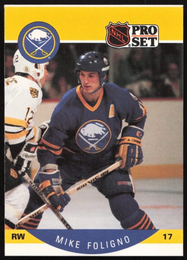 1990-91 Pro Set NHL Buffalo Sabres Mike Foligno hockey card, player in action.