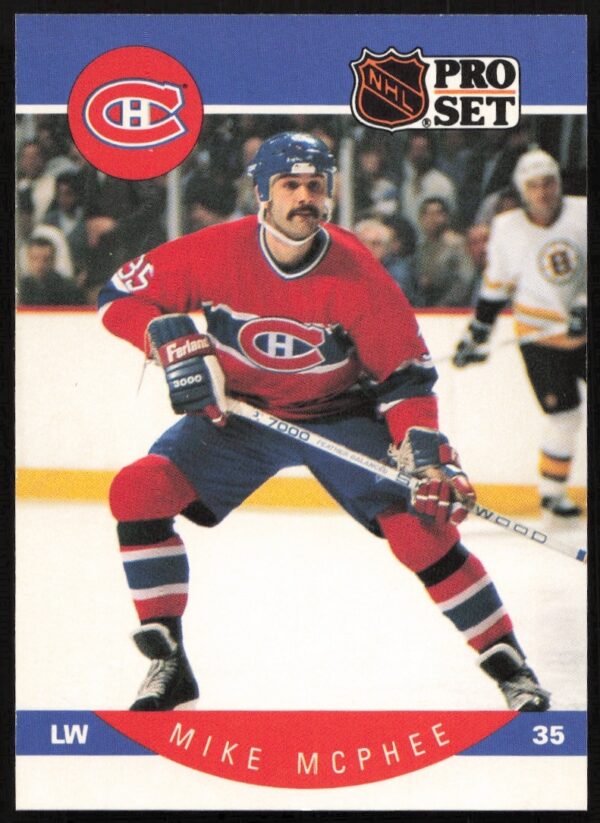 NHL card of Mike McPhee, 1990-91 Pro Set, Canadiens, #155, action shot.