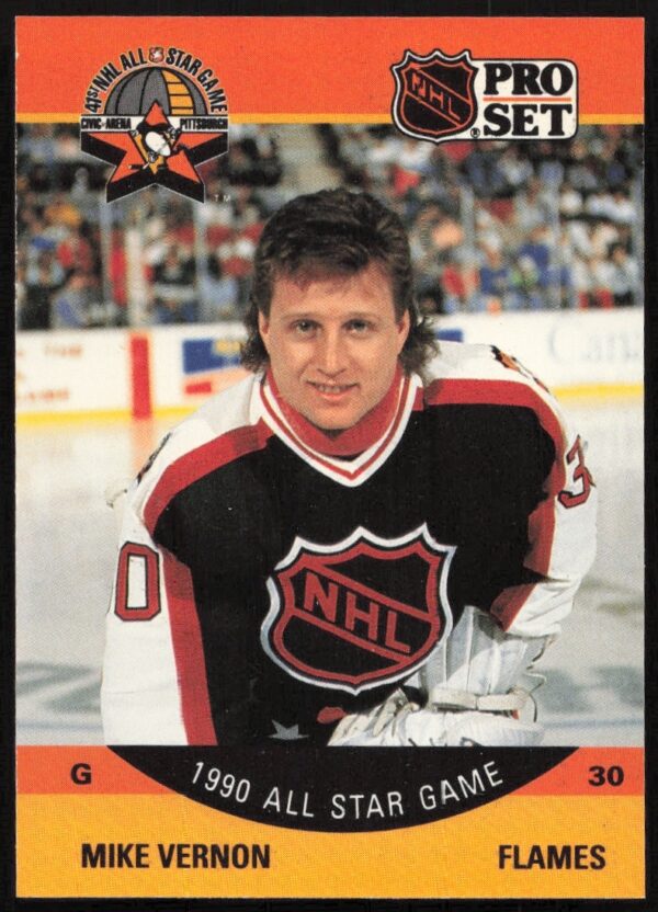Mike Vernon 1990-91 Pro Set NHL Card #338 – Calgary Flames Goalie Action Pose.