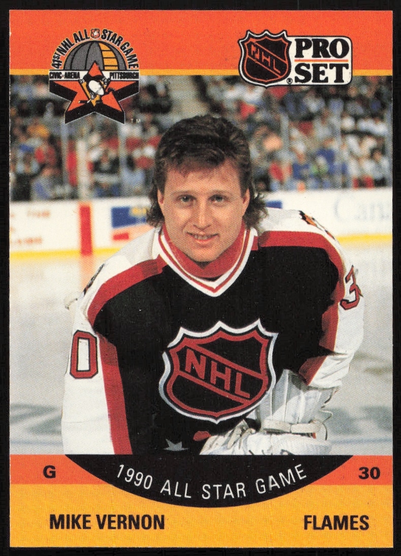 Mike Vernon 1990-91 Pro Set NHL Card #338 – Calgary Flames Goalie Action Pose.