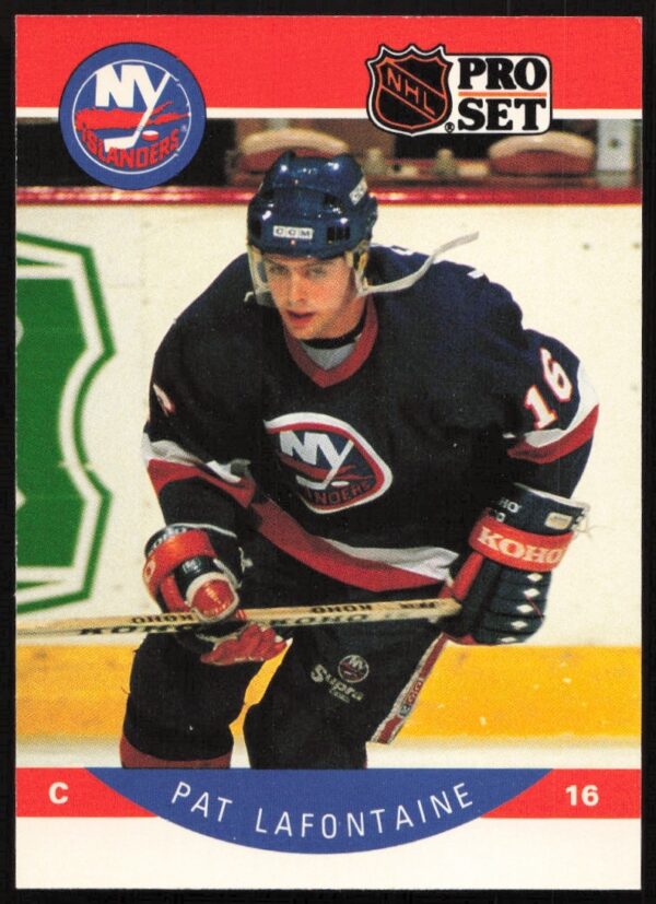 1990-91 Pro Set Pat LaFontaine NHL Trading Card #186, featuring the star center in action.